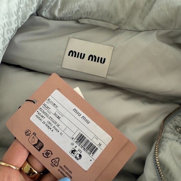 NWT Miu Miu Down Puffer Jacket Gray Nylon Sz 36 All-over Logo Drawstring - Picture 3 of 12